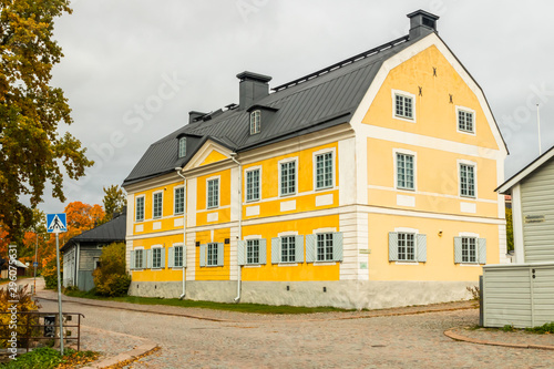 Street of Old Porvoo, Finland. City autumn landscape with beautiful building.