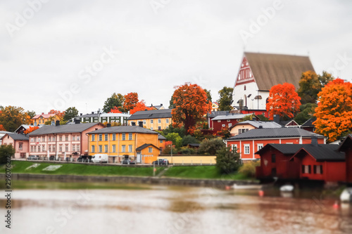 View of old Porvoo, Finland. Beautiful city autumn landscape with Porvoo Cathedral and colorful wooden buildings.