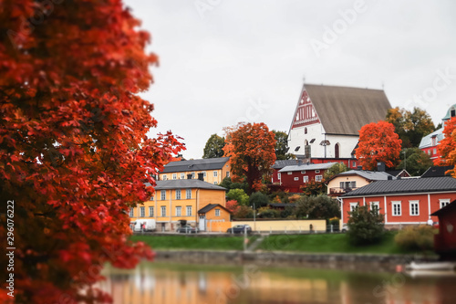 Fototapeta Naklejka Na Ścianę i Meble -  View of old Porvoo, Finland. Beautiful city autumn landscape with Porvoo Cathedral and colorful wooden buildings.
