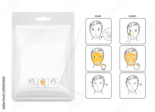 Realistic package for facial cosmetic mask with instructions for the use. Vector illustration. Ready for use in your design. EPS10.