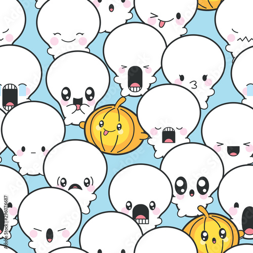 Seamless Background Cute Skulls And Pumpkins Celebrating Halloween