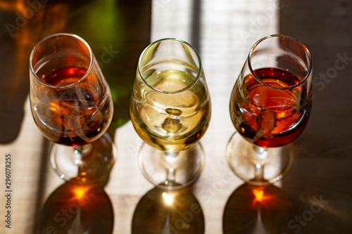 Fotografie Sherry wine tasting, selection of different jerez fortified wines from dry to ve