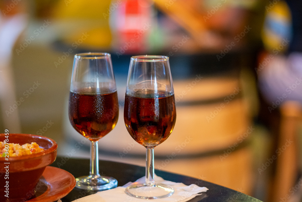 Sherry wine tasting, selection of different jerez fortified wines from dry to very sweet in glasses, Jerez de la Frontera, Andalusia, Spain Sherry wine tasting, selection of different jerez fortified wines from dry to very sweet in glasses, Jerez de la Frontera, Andalusia, Spain