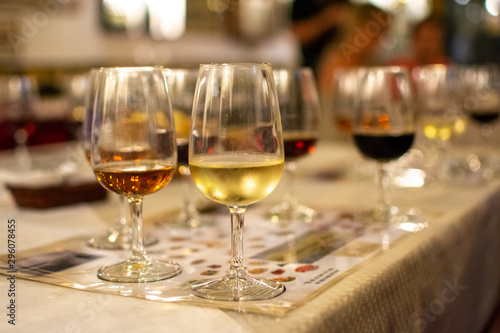 Sherry wine tasting, selection of different jerez fortified wines from dry to very sweet in glasses, Jerez de la Frontera, Andalusia, Spain