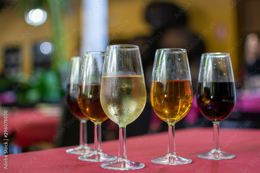 Sherry wine tasting, selection of different jerez fortified wines from dry to very sweet, Jerez de la Frontera, Andalusia, Spain