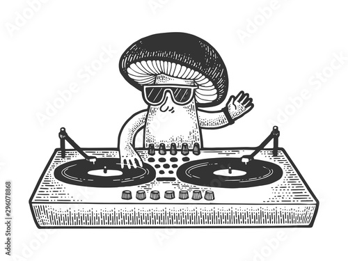 Cartoon mushroom DJ sketch engraving vector illustration. T-shirt apparel print design. Scratch board style imitation. Black and white hand drawn image.