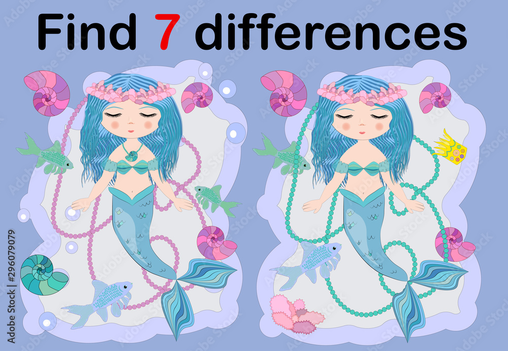 Education game for preschool kids, find the differences. Beautiful mermaid with a string of pearls. Cartoon illustration. Education game for preschool kids, find the differences. Beautiful mermaid with a string of pearls. Cartoon illustration.