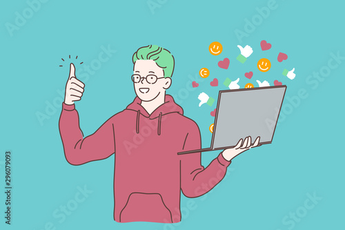 Blogging, social media communication, attracting followers and getting likes concept. Engaging content, internet promotion, SMM. Happy blogger, copywriter chatting, using laptop. Simple flat vector
