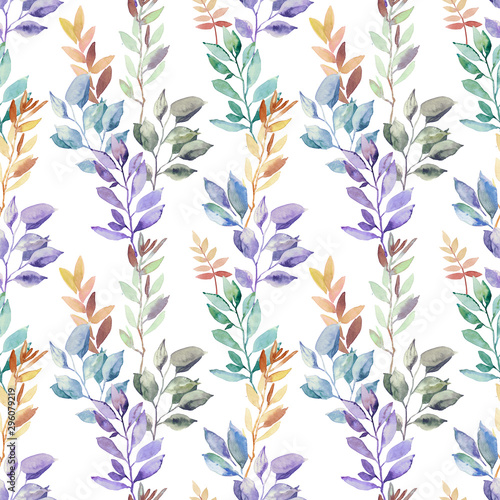 Watercolor hand painted gentle botanical leaves and branches illustration seamless pattern on white background 