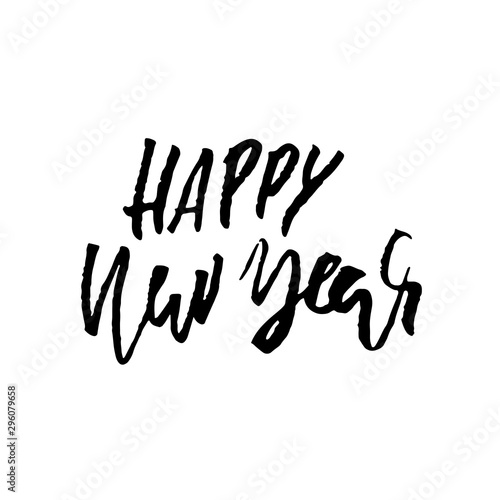 Happy new year inscription for greeting card. Dry brush hand lettering. Vector illustration. Handwritten holiday design.