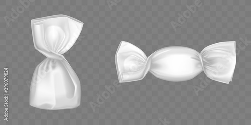 Transparent candy wrapper isolated on grey background. Limpid blank package for lollipop, chocolate truffle sweets design elements for production advertising Realistic 3d vector illustration, clip art