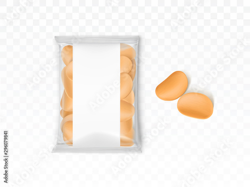 Chips pack, crunchy snack package isolated on transparent background. Blank limpid plastic bag with potato crispy slices, design element for food product advertising. Realistic 3d vector illustration