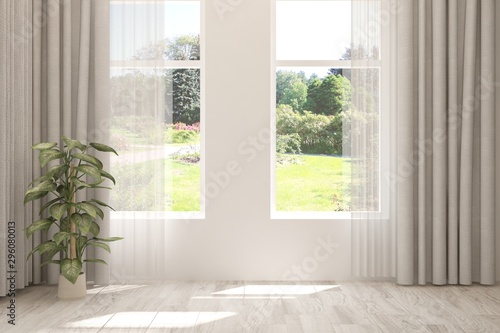 Stylish empty room in white color with summer landscape in window. Scandinavian interior design. 3D illustration