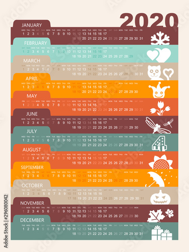 Vector calendar 2020 year. Week starts from Sunday