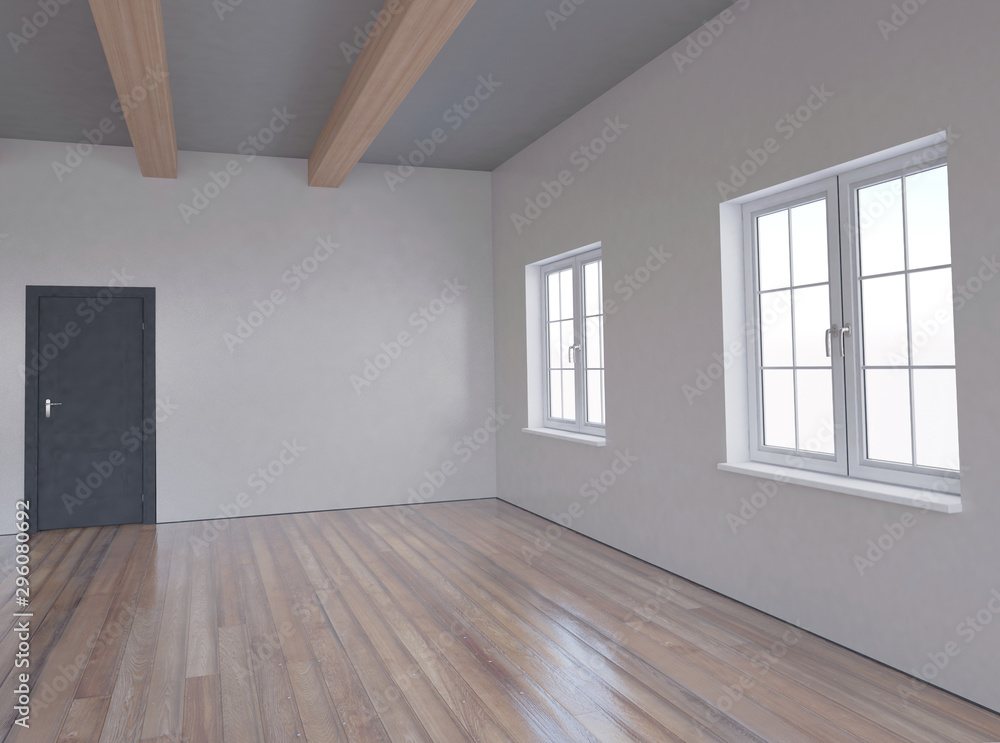 empty room with the door and the windows, 3d empty room with the door and the windows, 3d
