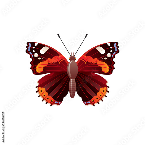 Butterfly icon. 3d realistic admiral butterfly insect with beautiful red color wings. Animal sign for logo design, poster, t-shirt print, banner. Vector illustration isolated on white background