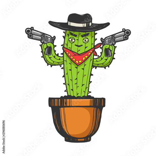 Cartoon mexican cactus character gangster bandit with pistol revolver guns engraving sketch vector illustration. T-shirt apparel print design. Scratch board imitation. Black and white image.
