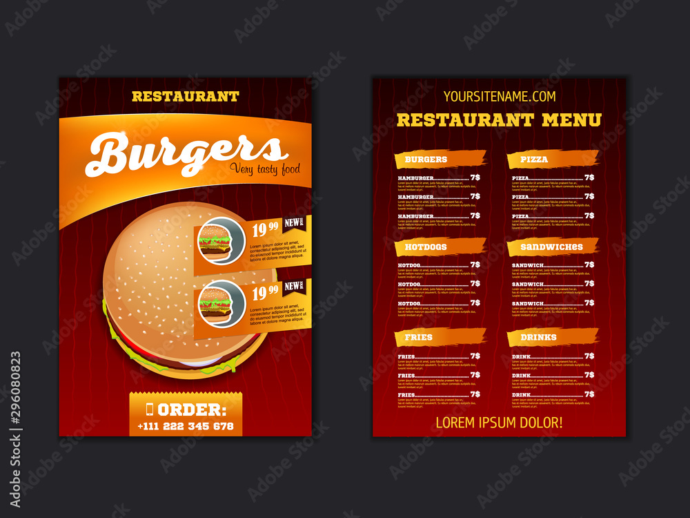 Fast food menu brochure design on a dark background vector template in