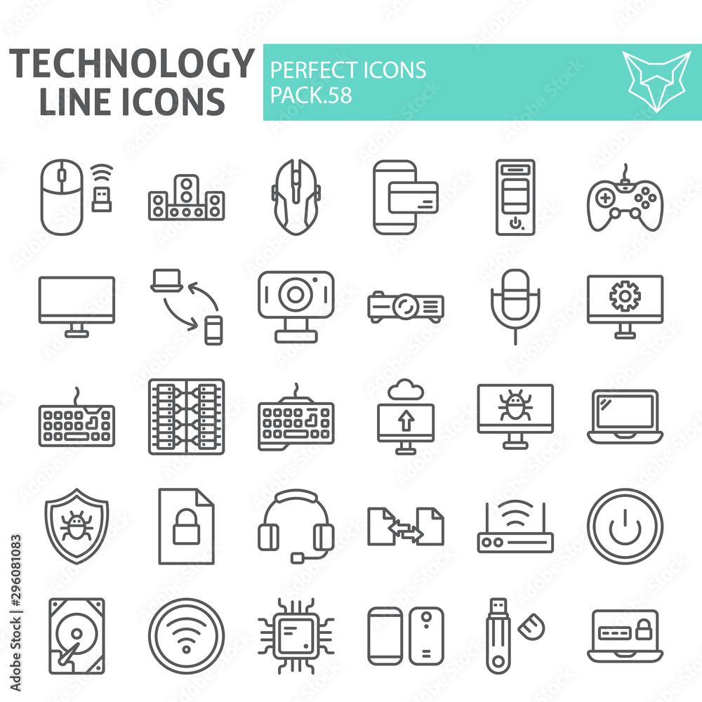 Technology line icon set, devices symbols collection, vector sketches, logo illustrations, gardening signs linear pictograms package isolated on white background.
