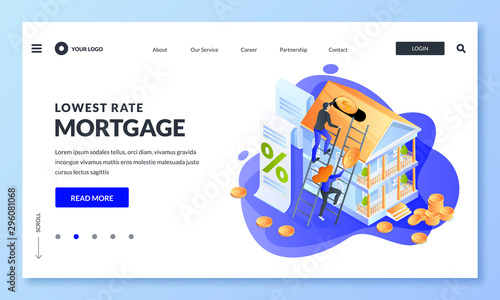 Concept of house loan, money investment to real estate. Couple pay home mortgage rate. Vector 3d isometric illustration
