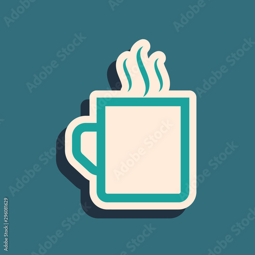 Green Coffee cup flat icon isolated on blue background. Tea cup. Hot drink coffee. Long shadow style. Vector Illustration