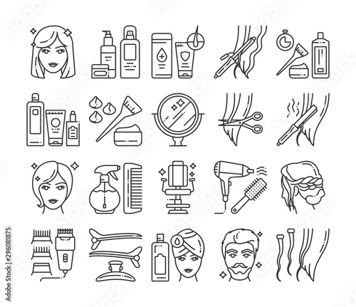 Hairdresser service line icons set. Professional hair styling. Beauty industry. Pictograms for web page, mobile app, promo.