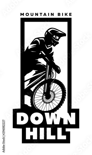 Mountain bike, downhill. Banner, t-shirt print design. Vector illustration.