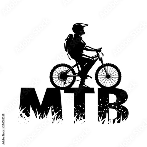 Silhouette of a cyclist on and the MTB letters. Vector illustration. photo