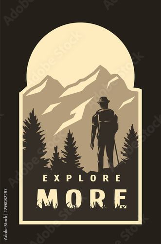 Explore more. Traveler on the background of wildlife on a dark background. Vector illustration.