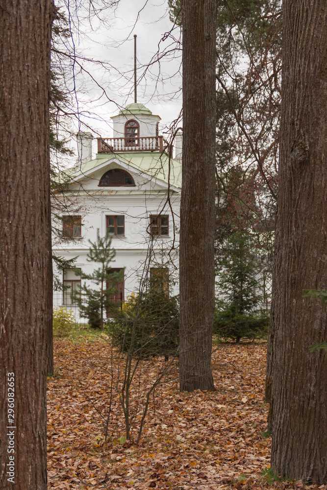 Russia, Moscow Region - October 13, 2019: Beautiful autumnal view of the manor Serednikovo in Firsanovka, Russia. Russia, Moscow Region - October 13, 2019: Beautiful autumnal view of the manor Serednikovo in Firsanovka, Russia.