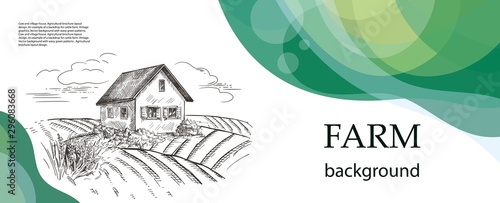 Village house in the field. Horizontal banner. Vintage graphics.