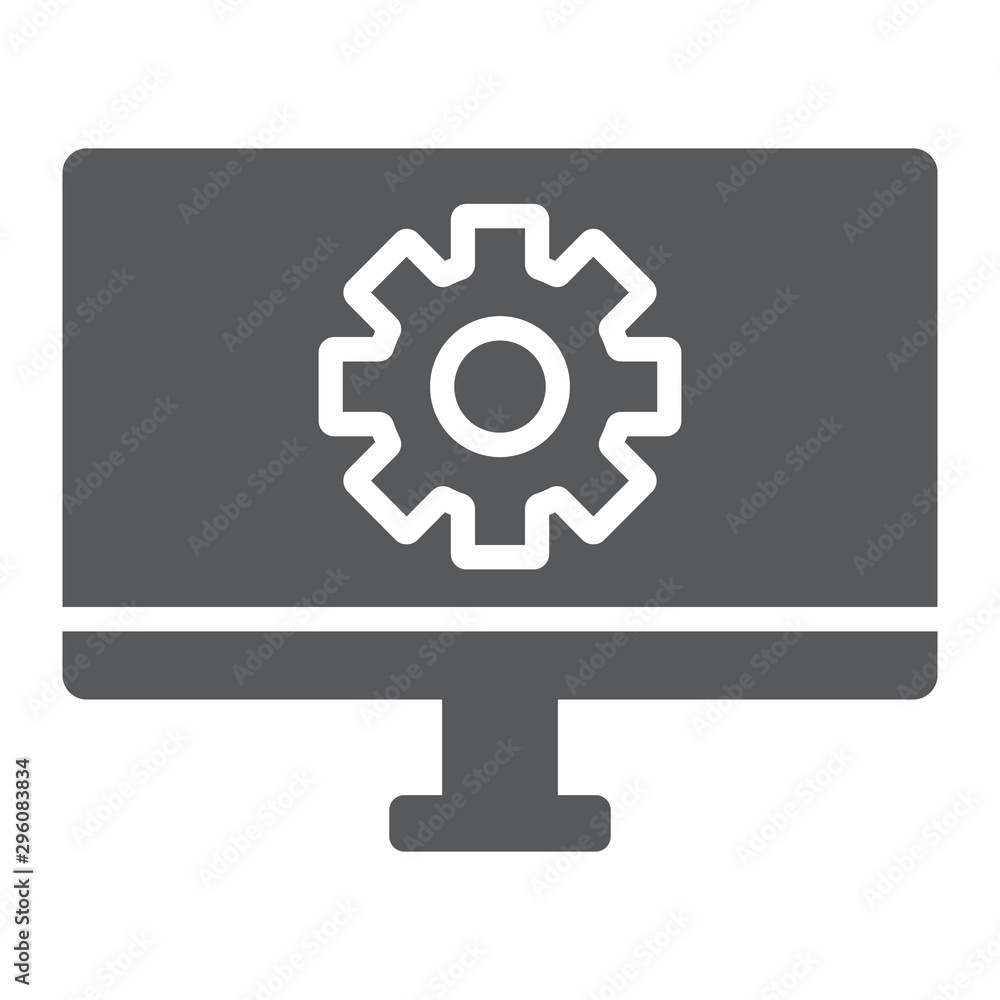 Computer settings glyph icon, technology and equipment, monitor with gear sign, vector graphics, a solid pattern on a white background. Computer settings glyph icon, technology and equipment, monitor with gear sign, vector graphics, a solid pattern on a white background.