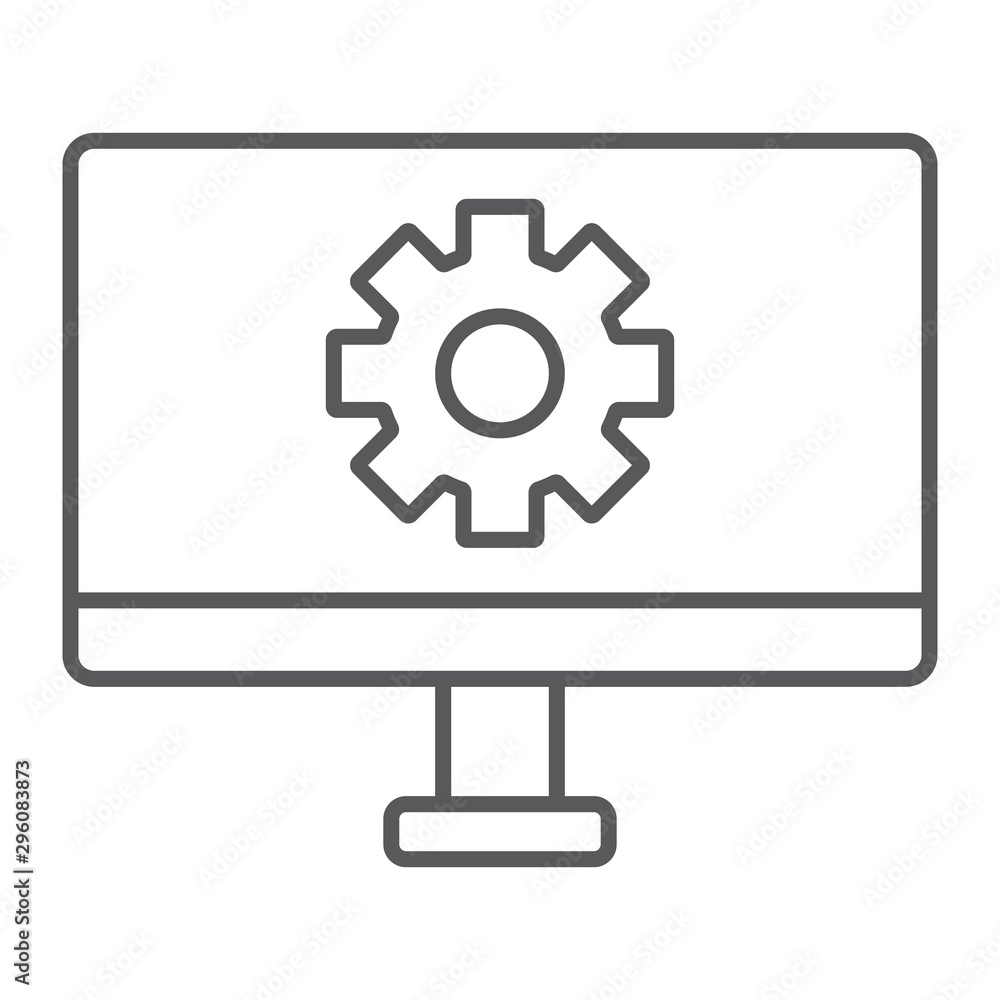 Computer settings thin line icon, technology and equipment, monitor with gear sign, vector graphics, a linear pattern on a white background. Computer settings thin line icon, technology and equipment, monitor with gear sign, vector graphics, a linear pattern on a white background.