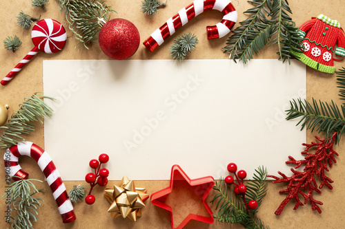 Pine branches and christmas decoration with copy space
