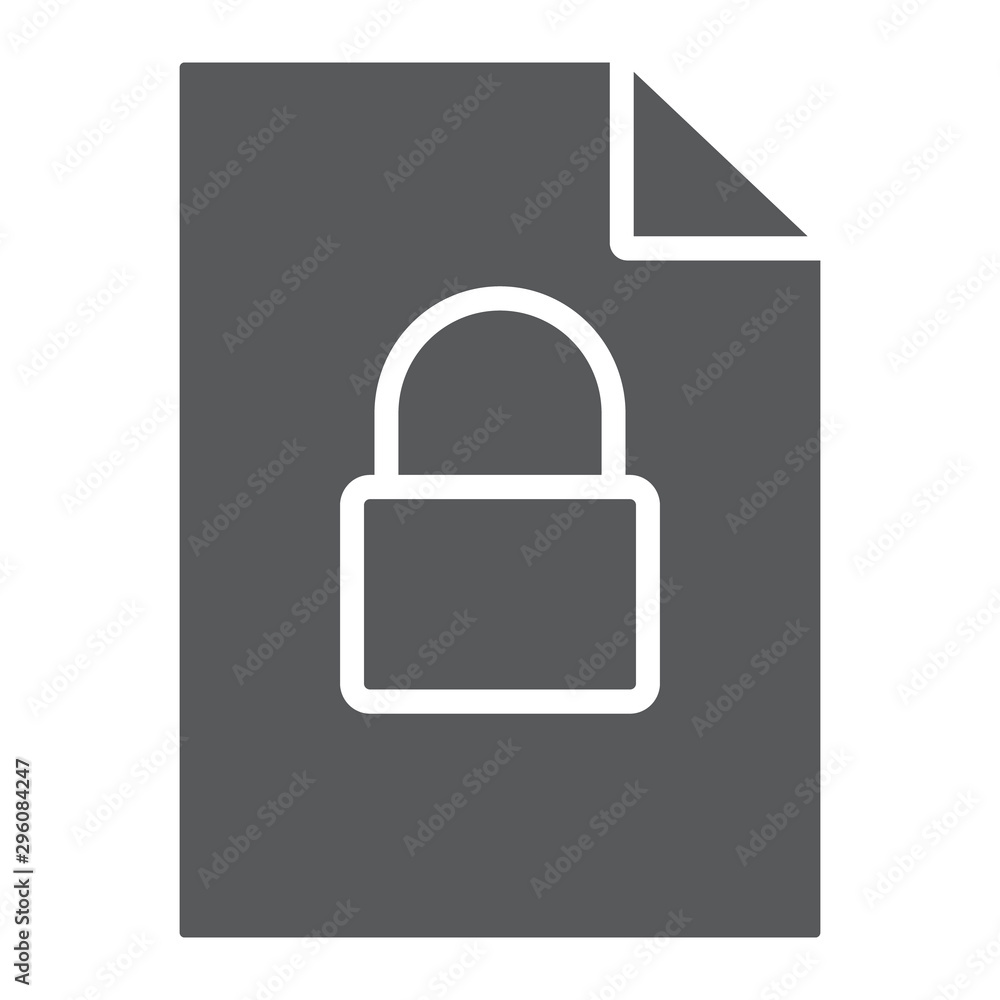 Locked file glyph icon, document and computer, file with padlock sign, vector graphics, a solid pattern on a white background. Locked file glyph icon, document and computer, file with padlock sign, vector graphics, a solid pattern on a white background.