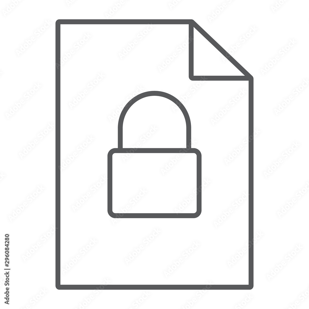 Locked file thin line icon, document and computer, file with padlock sign, vector graphics, a linear pattern on a white background. Locked file thin line icon, document and computer, file with padlock sign, vector graphics, a linear pattern on a white background.