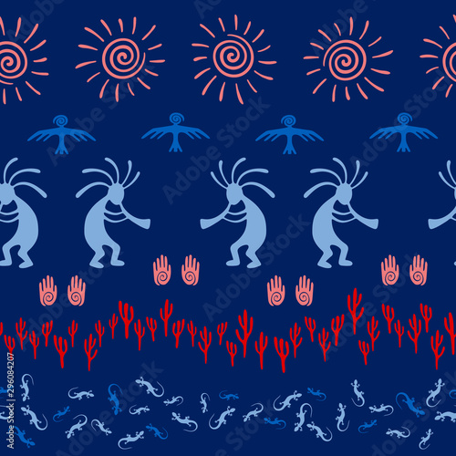 Mythical, design with trickster god, swirl icons on human palm, sun, eagle.