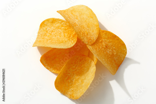 a slide of potato chips, isolated on white background