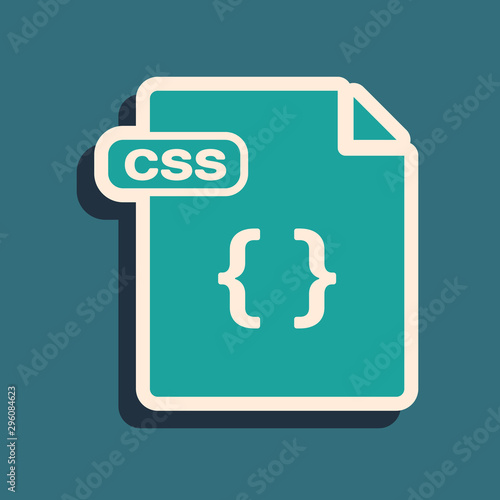 Green CSS file document. Download css button icon isolated on blue background. CSS file symbol. Long shadow style. Vector Illustration