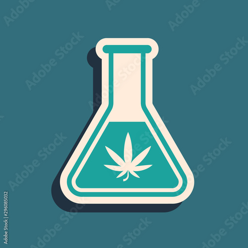 Green Chemical test tube with marijuana or cannabis leaf icon isolated on blue background. Research concept. Laboratory CBD oil concept. Long shadow style. Vector Illustration