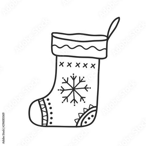 Gift sock drawing. Vector linear freehand drawing in doodle style. Black and white illustration
