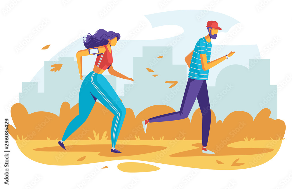 Color vector illustration people running in the park. Flat style poster sport activities outdoors. Autumnal nature with tall buildings in the background. The couple are preparing for the marathon