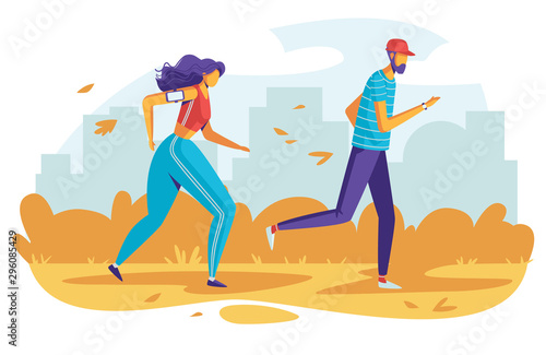 Color vector illustration people running in the park. Flat style poster sport activities outdoors. Autumnal nature with tall buildings in the background. The couple are preparing for the marathon