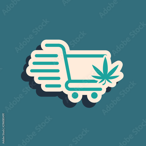 Green Shopping cart with marijuana or cannabis leaf icon isolated on blue background. Online buying. Delivery service. Supermarket basket. Long shadow style. Vector Illustration