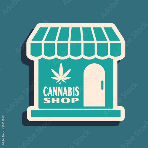 Green Marijuana and cannabis store icon isolated on blue background. Equipment and accessories for smoking, storing medical cannabis. Long shadow style. Vector Illustration