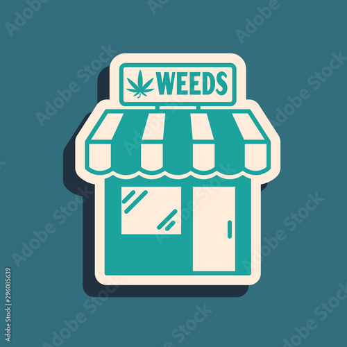Green Marijuana and cannabis store icon isolated on blue background. Equipment and accessories for smoking, storing medical cannabis. Long shadow style. Vector Illustration