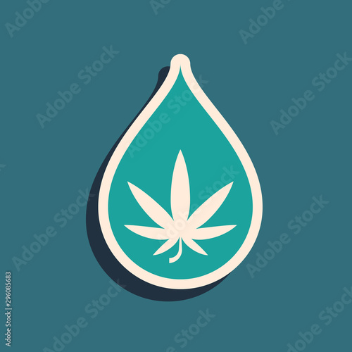 Green Medical marijuana or cannabis leaf olive oil drop icon isolated on blue background. Cannabis extract. Hemp symbol. Long shadow style. Vector Illustration