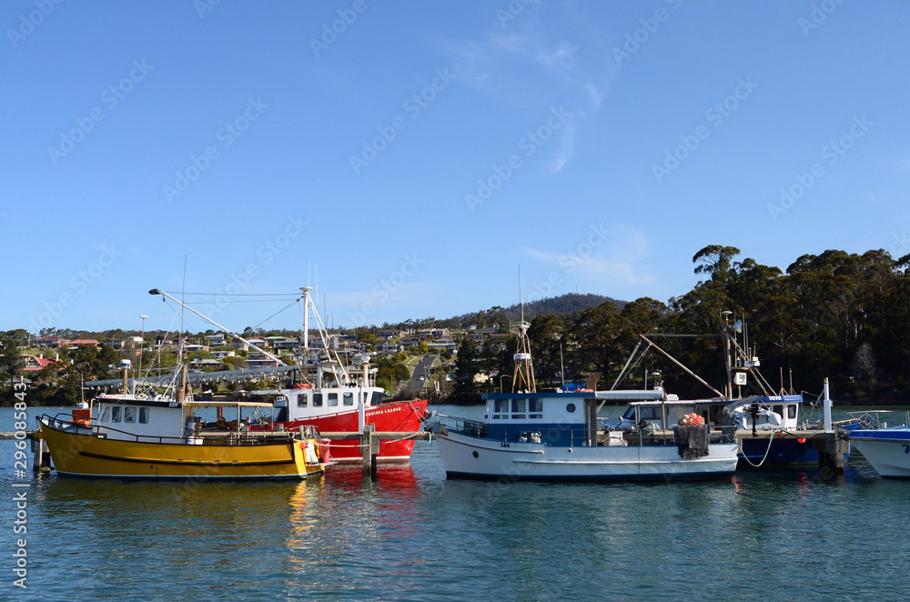 A view of fishing boats moored at St. Helens in NE Tasmania.