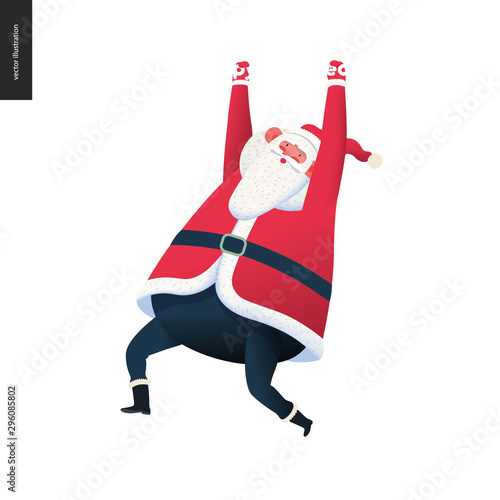 Sporting Santa hanging - modern flat vector concept illustration of cheerful Santa Claus wearing red, hanging, winter, Christmas, New Year