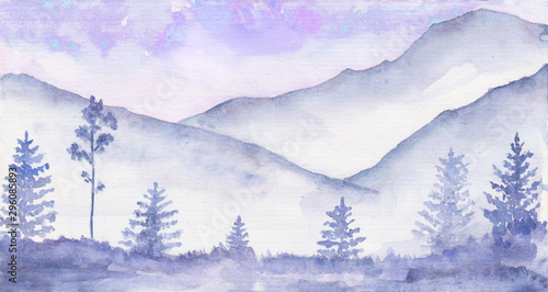 Billede på lærred Watercolor mountain view.  Background with mountain landscape.